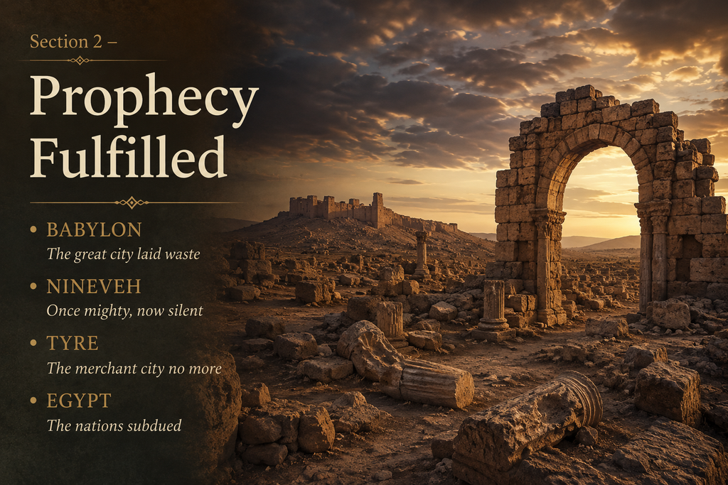 Ancient ruined archway at sunset, representing fulfilled biblical prophecy