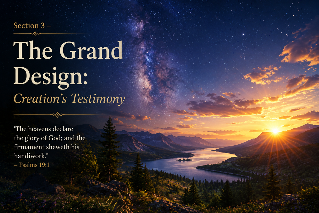 Sunrise over a mountain lake and starry sky, symbolizing creation