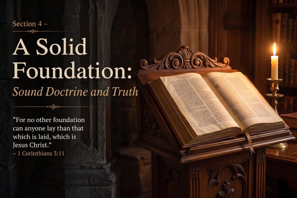 Open Bible on a wooden stand lit by candlelight, symbolizing sound doctrine and truth