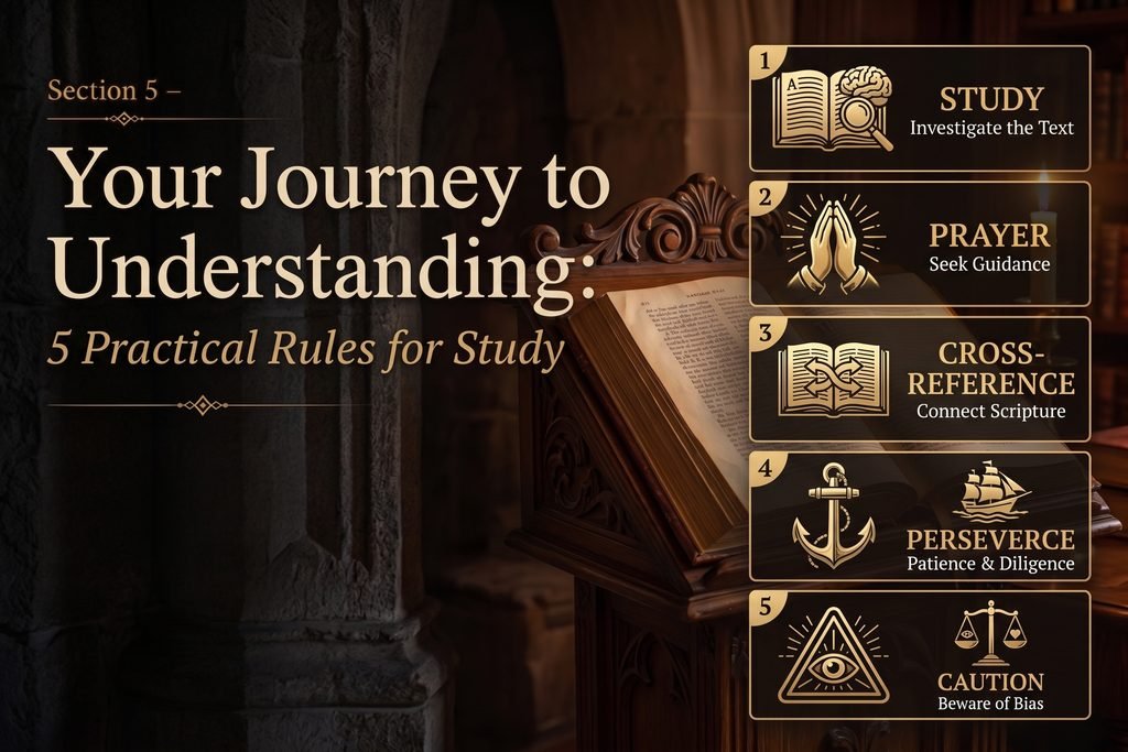 Graphic listing five study principles: study, prayer, cross-reference, persevere, and caution